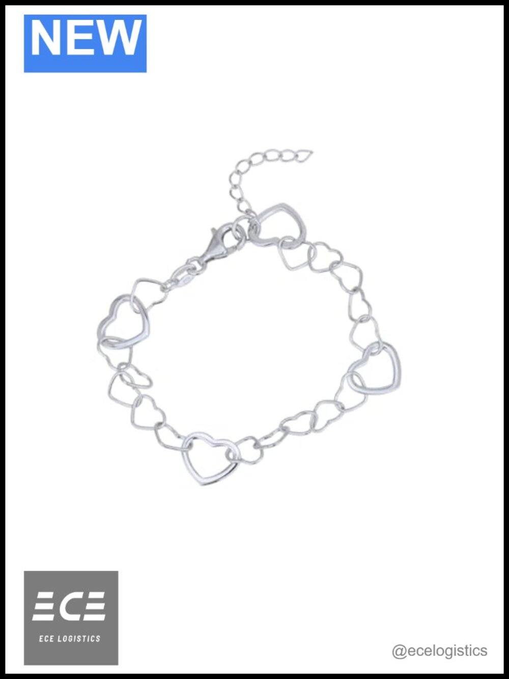 Sterling Silver Rhodium Plated Interlinked Hearts Charm Bracelet